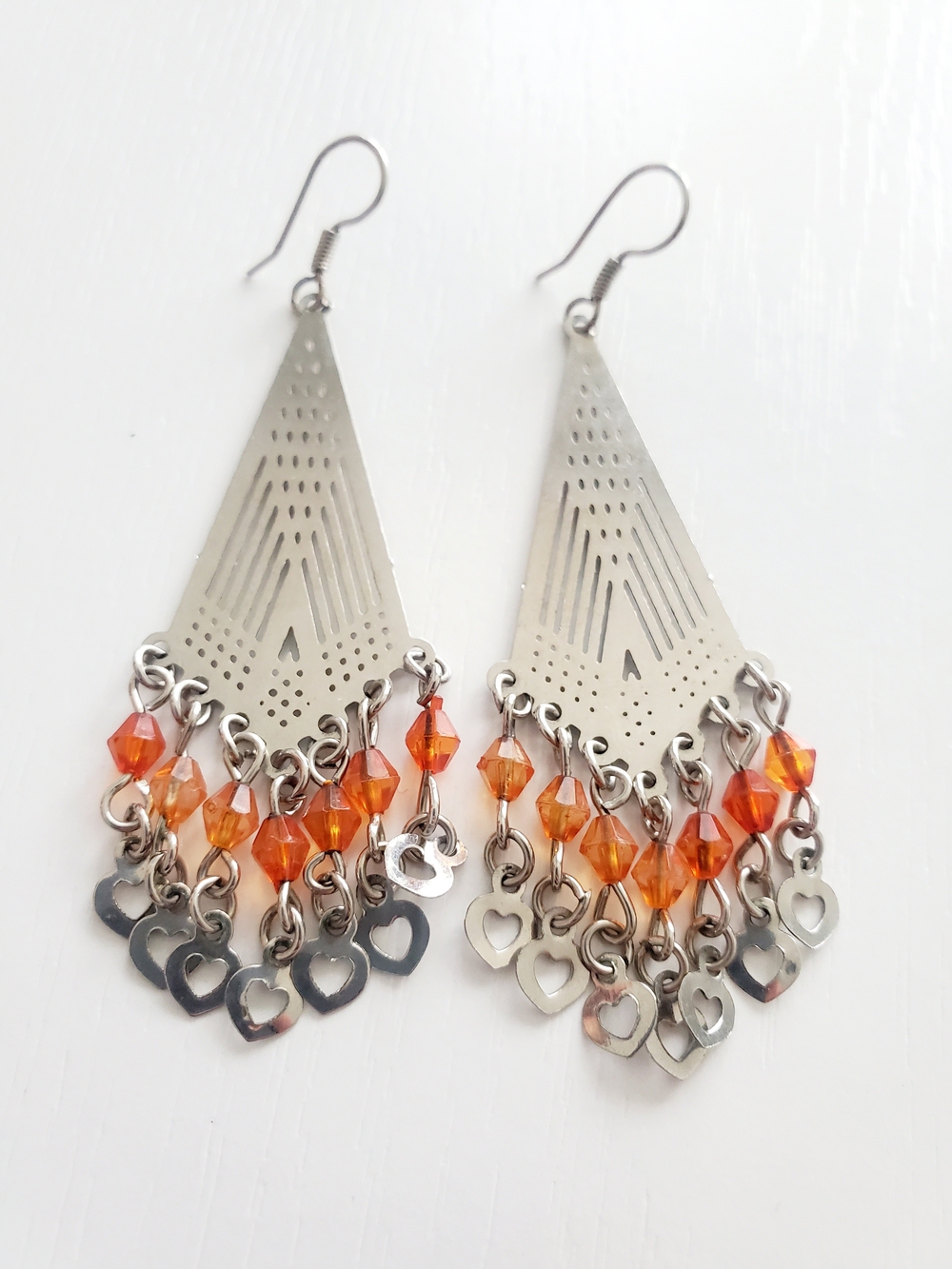Silver-Tone Orange Crystal Dangle Earrings with Heart Charms